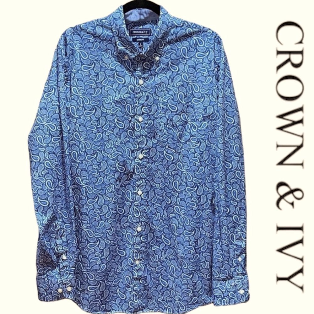 Crown & Ivy Blue Paisley Button Down Shirt Size L